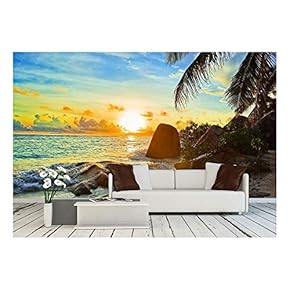 Tropical Beach at Sunset - Nature Background - Removable Wall Mural | Self-Adhesive Large Wallpaper - 66x96 inches