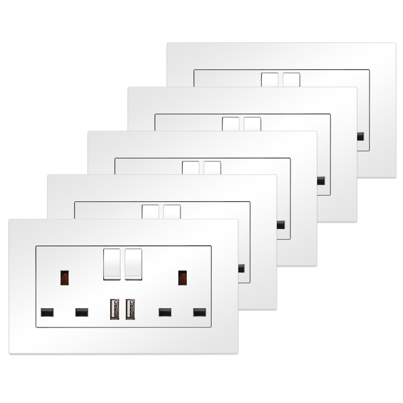 5 Pack CNBINGO Double Switched Socket with 2 USB Charging Ports, 2 Gang 13 Amp Electric Power Socket, White PC Plate Wall Outlet