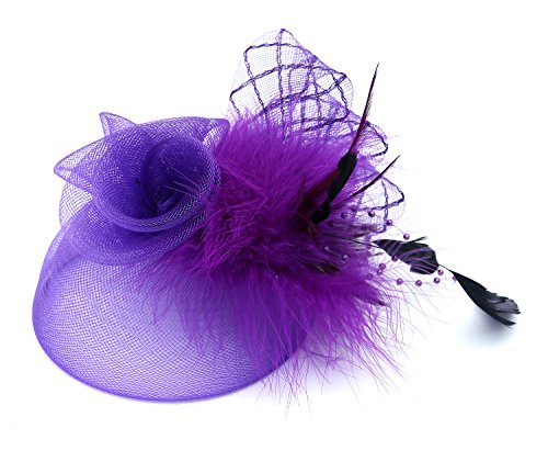 Purple Fashion Feathers Hair Clip Fascinator Cocktail Kentucky Derby Hat With Mesh Loops, Beaded For Women