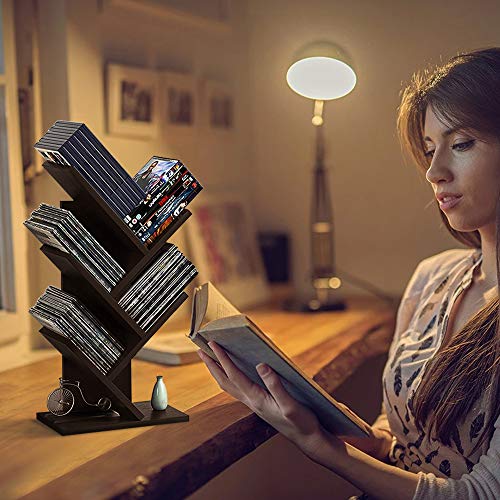 Tree Bookshelf, Bookcase 4 Tier Free Standing Wood Book Rack Display Organizer Shelves Space-Saving Use for CDs /Albums / Books in Living Room Office (Walnut)