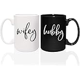 Canopy Street Wifey And Hubby Matching Mugs/Two Jumbo 15 Ounce White And Black Ceramic Mugs/Funny Husband And Wife Coffee Cup Set/Black And White Wedding Present Mug Set.