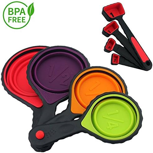 Portable Collapsible Silicone Measuring Cups &amp; Red Measuring Spoons Set Folding 8 Piece BPA Free Food Grade Kitchen Utensil Dry Liquid