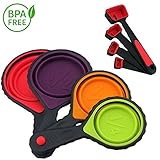 Portable Collapsible Silicone Measuring Cups & Red Measuring Spoons Set Folding 8 Piece BPA Free Food Grade Kitchen Utensil Dry Liquid