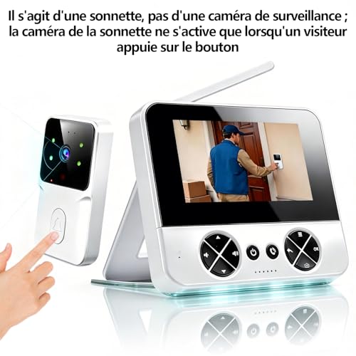Sonnette sans Fil avec Caméra 1080P Étanche IP65, écran 4,3 Pouces, Communication Bidirectionnelle, Vision Nocturne Infrarouge, sans Application Ni Wi-FI, Compatible avec Les Cartes TF