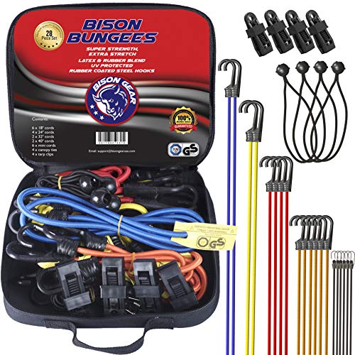 Bison Gear 28PC Premium Bungee Cord Assortment Including Ball Bungees and Tarp Clips - 28 Piece Heavy Duty Tie Down Pack - UV Resistant Industrial Grade Shock Cord - GS Certified Bungee Straps