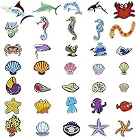 PGMJ 35 Pieces Cartoon Animal Seafood Fish Shell Iron On Patch, Cute Marine Animals Assemble Patch for Arts Crafts DIY Decor, Jeans, Jackets, Kid