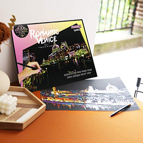 Scratch & Sketch Art Paper(16"x 11.2") for Kids & Adults, Rainbow Painting Night View Scratchboard, Painting Gift, Craft Kits : 2 Sheets Scratch Cards & Drawing Pen, Clean Brush (Florence & Venice) - Thumbnail 3