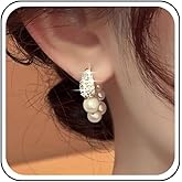 Yheakne Vintage Pearl Hoop Drop Earrings Gold Cz Teardrop Stud Earrings White Bead Dangle Earring Sparkly Wedding Pearl Wreath Earring Jewelry for Women