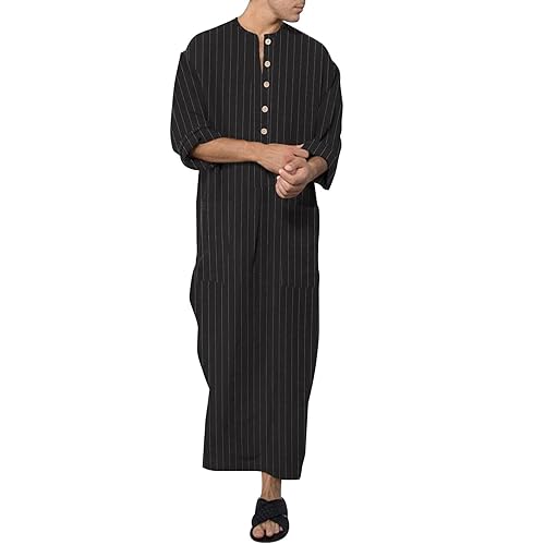 Men's Cotton Kurta - Long Sleeve Muslim Robe With V-Neck & Pockets | Comfortable Kaftan Thobe