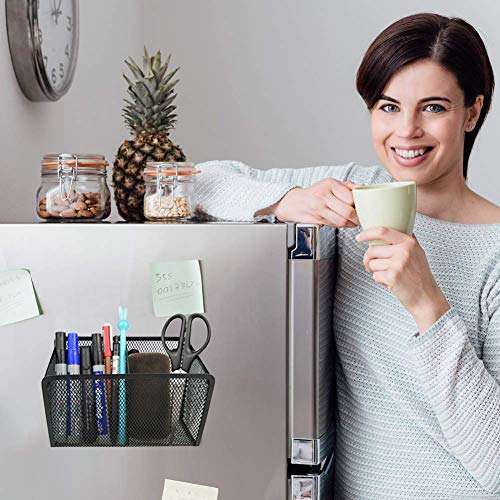 Black Wire Magnetic Pencil Holder - 2 Generous Compartments Magnetic Storage Basket Organizer - Extra Strong Magnets - to Hold Whiteboard, Refrigerator, Locker Accessories
