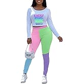 Remelon Womens 2 Piece Pants Set Color Block Sweatsuits Long Sleeve Printed Top Leggings Jogging Tracksuits Workout Sets