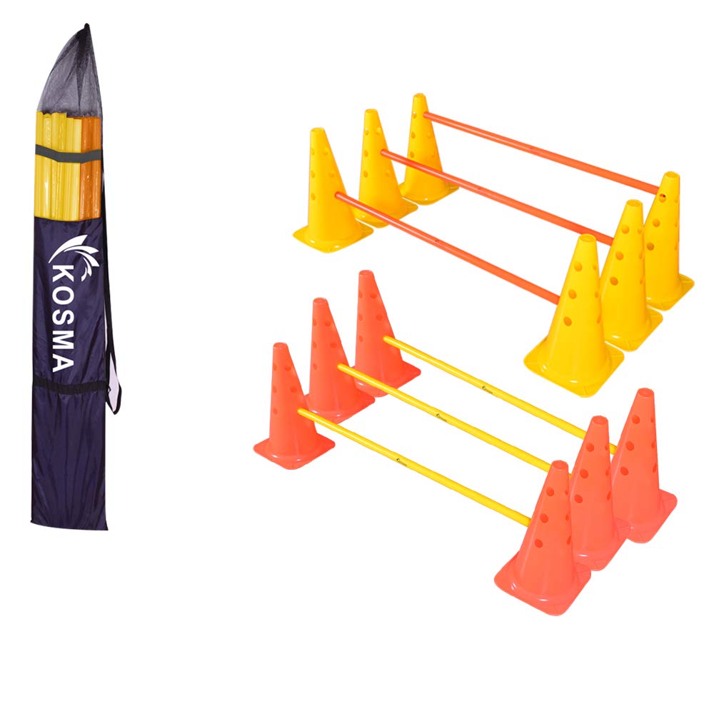 Kosma 18Pcs Dog Agility Adjustable Speed Training Set | 12 strong 15 inch cones (6pcs yellow, orange) and 6pcs 100cm poles (3pcs orange, yellow) -In carry bag