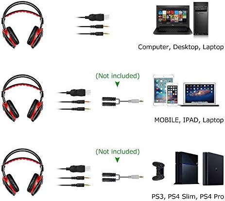 Gaming Headset, POSUGEAR 3.5mm Stereo Gaming Headphones Wired USB LED Light with Microphone, Volume Control, 3.5mm Jack Compatible with New Xbox one PS4 PC Laptop Mac iPad iPod (Black&amp;Red)