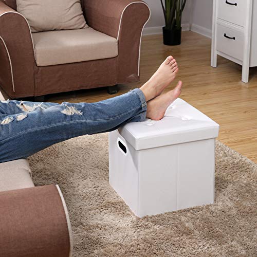 SONGMICS Faux Leather Folding Storage Ottoman Cube Foot Rest Stool Seat W' Hole Handle 15" x 15" x 15" White ULSF30W - Thumbnail 2