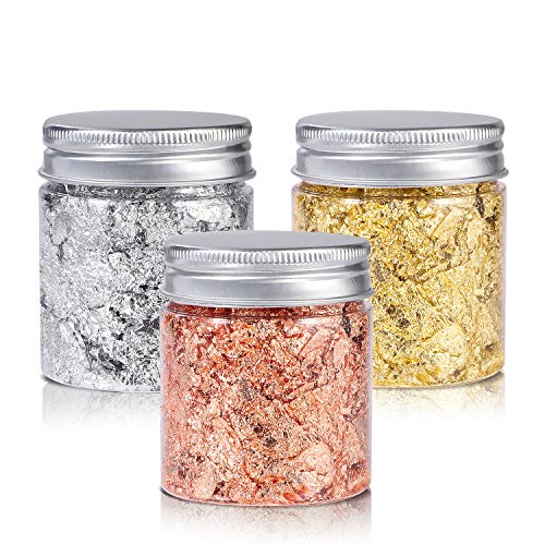 Gold Foil Flakes for Resin,3 Bottles Metallic Foil Flakes 30 Gram,YULIKTOR Imitation Gold Foil Flakes Metallic Leaf for Nails, Painting, Crafts,Slime and Resin Jewelry Making,Gold,Silver,Copper Colors