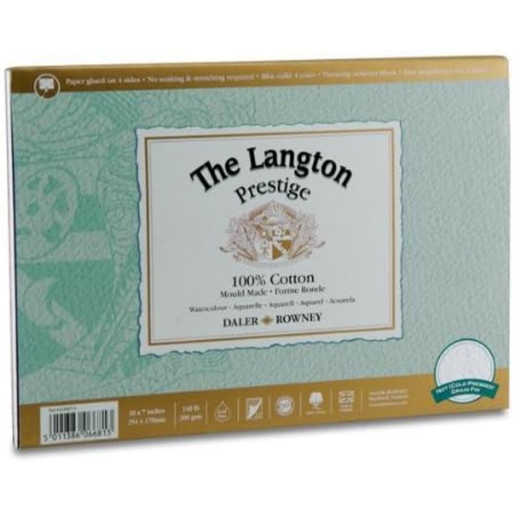 Daler-Rowney The Langton Prestige Cold-Pressed 300gsm 5.8 x 4.1in Postcard Watercolour Paper Pad, Glued 1 Side, Acid-free, 12 Natural White Sheets, Ideal for Professional Artists