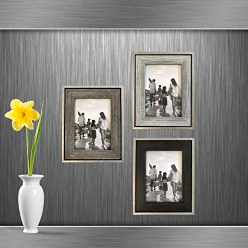 Tasse Verre 5x7 Rustic Frames (3-Pack) - Distressed Farmhouse Industrial Frame - Ready to Hang or Stand - Built-in Easel - Silver Galvanized Metal Look with Wood Insert