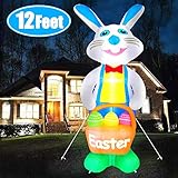 iGeeKid 12 Ft Tall Easter Bunny Inflatables Easter Outdoor Decorations Blow Up LED Lighted Easter Bunny with Eggs and Basket Easter Airblown Decoration Indoor Outdoor Holiday Yard Lawn Decor