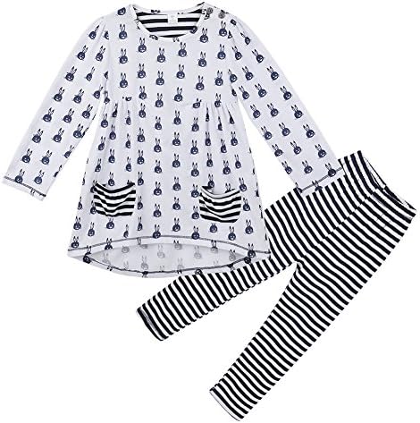 OKIDSO Girl's Long Sleeves Soft Cotton Top Set,Cute Cartoon Rabbit Outfits Striped Leggings 2-6 Years Old