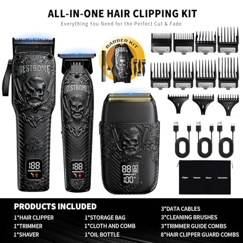 Professional Cordless Mens Hair Clippers & Beard Trimmer and Electric Shavers Kits & Sets,Metal Hair Clippers Cutting Grooming Kit with Long Battery Life for Family Barber Use (Black)
