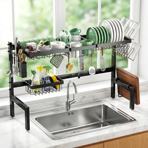 Gabeeriso Over Sink Dish Drying Stand Kitchen Organiser | 2-Tier Expandable Stainless Steel Dish Rack Adjustable 66-85cm with Drainage Tray Delivers Large Countertop Storage Capacity