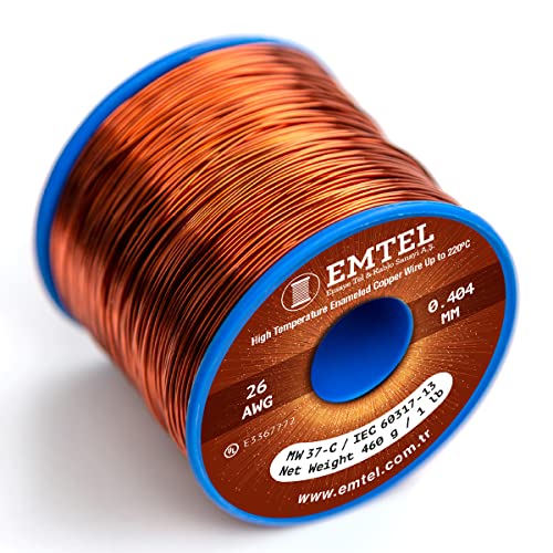 Emtel 0.404 mm (26 AWG) - 500 gr (1 LB) - 400 meters Magnet Wire - Enameled Copper Wire for Electrical Motor Transformer Magnetic Coil 220°C (428°F) Thermal Class - Double Insulated Winding Wire