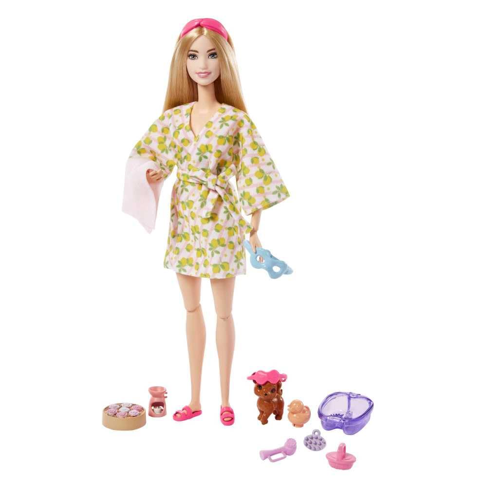 Barbie Doll, Kids Toys, Blonde Doll with Pet Puppy, Barbie Sets, Spa Day, Lemon Print Bathrobe, Headband and Eye Mask, Self-Care Series, HKT90