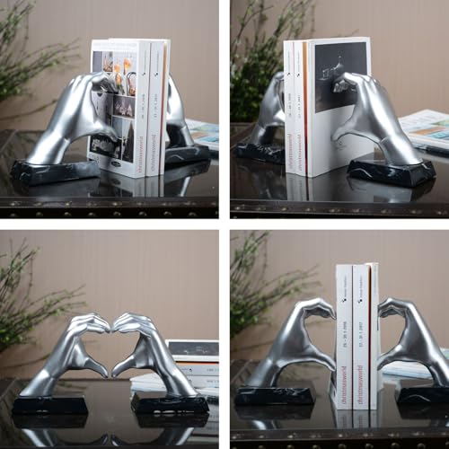 HAUCOZE Soporte de Libros Sujetalibros, Corazón Mano Escultura Decoración Moderna Arte Interior Estatua Hogar Regalo para Salón Oficina Comedor Plata 31cm