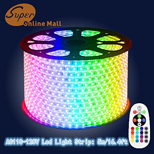 SuperonlineMall™ AC 110-120V Flexible RGB LED Strip Lights, 60 LEDs/M, Waterproof, Multi Color Changing 5050 SMD LED Rope Light + Remote Controller for Wedding Party Decoration (16.4ft/5m)