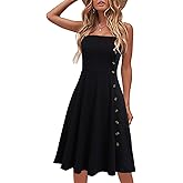 Women's Casual Summer Beach Flattering Flowy A-Line Spaghetti Straps Solid Cotton Button Down Midi Sundress