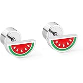 Cute Tiny Watermelon Fruit Stud Earrings for Women Stainless Steel Small Barbell Push Back Cartilage Tragus Post Piercing Ear Studs Fashion Jewelry for Birthday Christmas