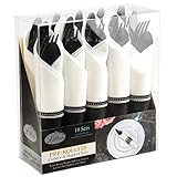 Pre Rolled Cutlery And Napkins Set with Extra Heavy Duty Full Size Black Cutlery, Fork-Knife-Spoon with White Napkin,10 Count
