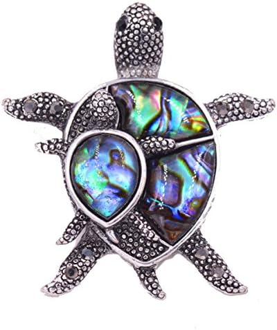 Antique Silver Tone Sea Turtle Brooch Pin with Sea Abalone Paua Shell (Mother of Pearl) - Cute, Fun and Quirky Jewellery