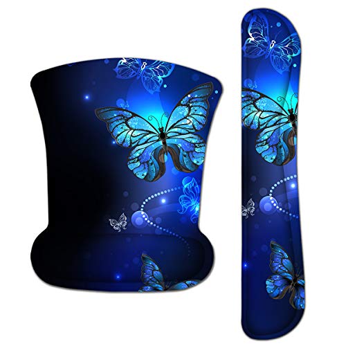 Memory Foam Non Slip Keyboard Wrist Rest Pad and Mouse Wrist Rest Support Set for Gaming,Office,Computer Laptop and Mac- Comfortable & Lightweight for Easy Typing & Pain Relief (Blue Butterfly)