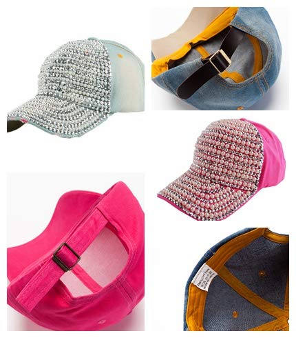 OBERORA Women\'s Rhinestone Denim Pearl Crown Baseball Caps Studded Bling Ponytail Sun Hat Adjustable