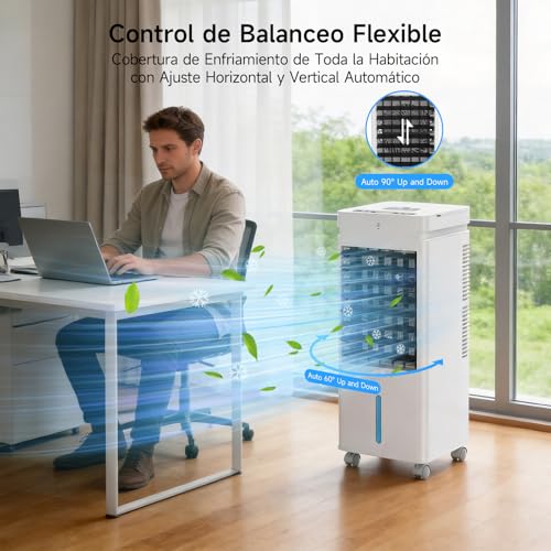 Aire Acondicionado Portátil, Enfriador de Aire por Evaporación con Ventilador de 20W, Depósito de 12L y Cristales de Hielo – 3 Modos, 12 Velocidades, Oscilación, Temporizador y Mando a Distancia