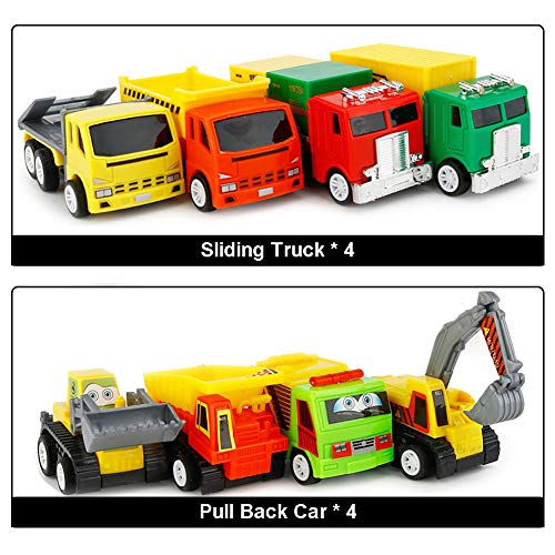 Sanlebi Construction Vehicles Toy Set with PlayMat Mini Pull Back Cars Model Trucks Play for Children Kids Toddlers Boys Birthday Cake Topper , Pack of 9