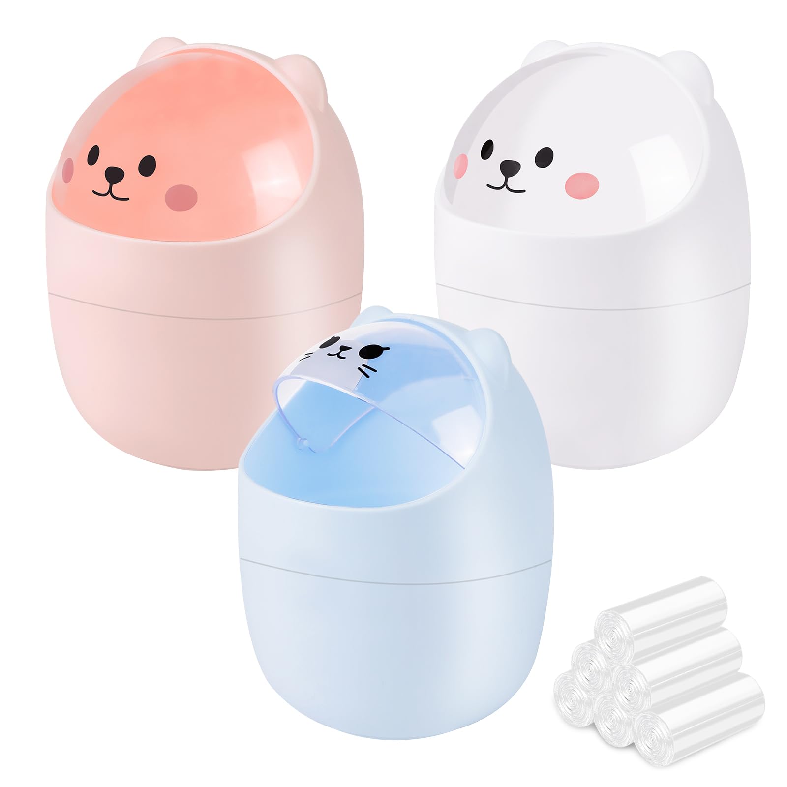 3PCS Cute Mini Bathroom Bin with 180PCS Trash Bags, Creative Small Bin with Flip Lid, Plastic Kawaii Mini Office Bin, Removable Colorful Desk Trash Can for Bathroom Coffee Bar Kitchen Dresser Car