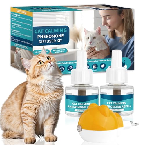 3 in 1 Pheromone Soothing Diffuser for Cats, Compatible with Common Diffusers, Pheromone Diffuser Cats 60 Days for Stress, Relaxation and Anxiety, for Cats and Kittens (1 Diffuser + 2 Refills)