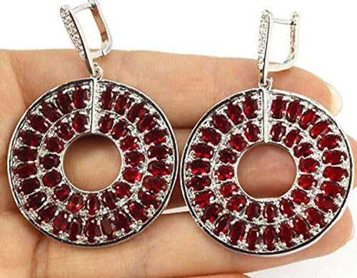 Sterling Silver Medallion Dangle Red Sapphire Earrings Hand Made Leaver Back Earring