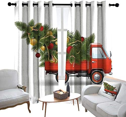 Blackout Curtains Christmas,Red Retro Style Farm Truck and Big Christmas Tree with Tinsel Balls Candy,White Red Green,Thermal Insulated Panels Home Décor Window Draperies for Bedroom 120"x96"