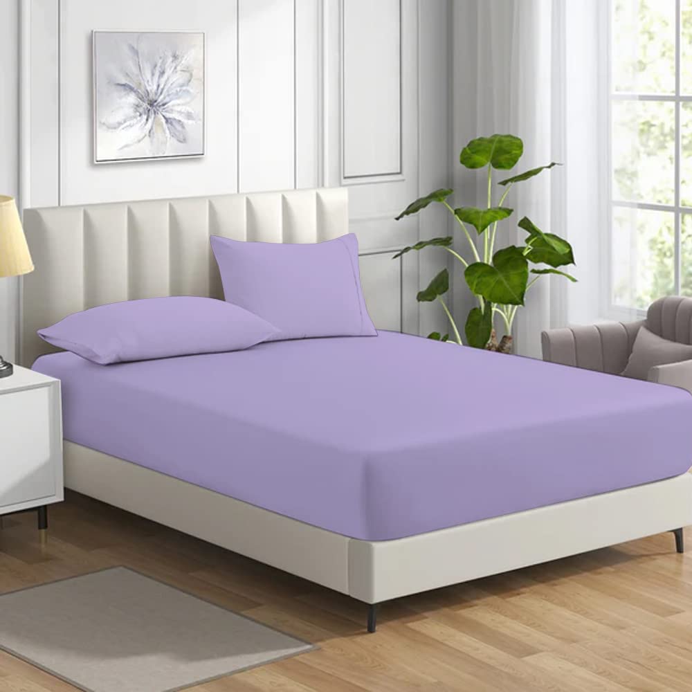 MistyMorning Fitted Sheet, Soft & Premium quality Bedding & Linen, 11''/28cm deep sheet, Egyptian Cotton with 200 Thread Count. (Lilac, Double) — image 1