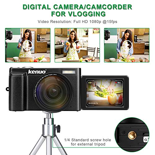 Digital Camera Vlogging Camera, KENUO FHD 1080p Video Camera with Wide Angle Lens MAX 24.0MP 3.0 Inch 180°Rotation Flip Screen 16X Digital Zoom Camera