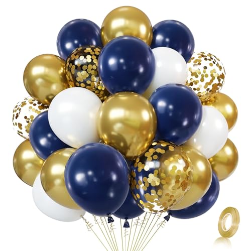 Navy Blue Gold Confetti Balloons Set,50pcs 12inch Royal Dark Blue Metallic Gold White Latex Balloons with Ribbon for Birthday Wedding Graduation Bridal Shower Party Decorations