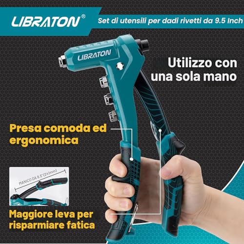 Libraton 9.5 Inch Professional Rivet Nut Rivet Gun Threaded Insert Manual Pliers Rivet Nut with 40pcs Nuts M3 M4 M5 M6 Interchangeable Mandrels 4pcs for Threaded Inserts
