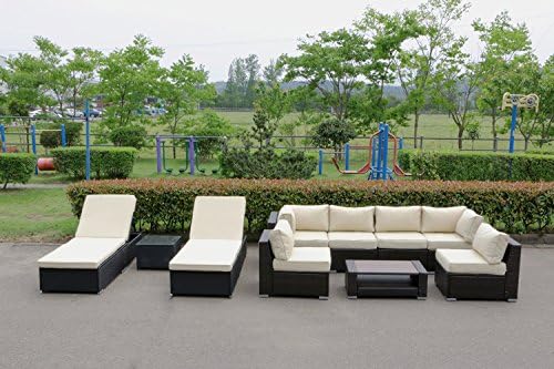 UHOM Outdoor 10PCS Rattan Sectional Furniture Set Wicker Garden Patio Cushioned Sofas and Chaise Lounge Chair