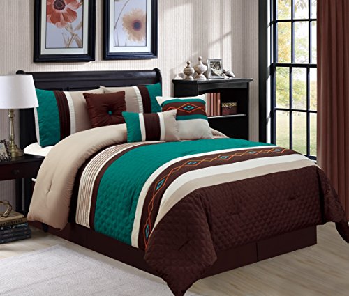 WPM 7 Piece Bedding set, Green, brown, Taupe Comforter with Accent pillows Queen size Bed in a Bag-Yeva