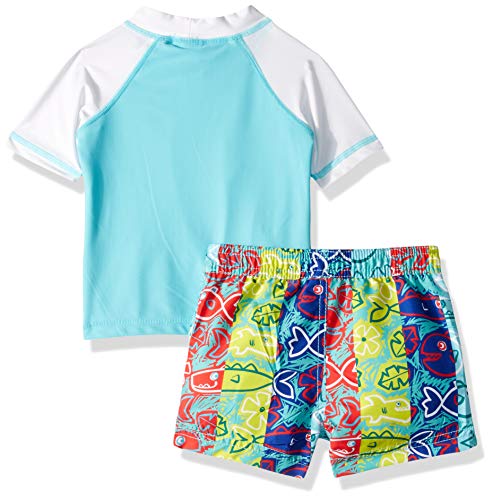 KIKO & MAX Baby Boys Swimsuit Set with Short Sleeve Rashguard Swim Shirt, Hungry Sharks Turquoise, 18 Months