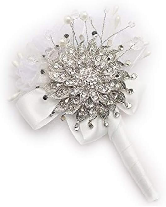Corsages Handmade Groom, Bestman Lapel Flowers,Silver Brooch & Chiffon Crystal Pearl Wedding Tuxedo Accessories Groom boutineer