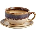 Coffeezone Vintage Design 12 oz Ceramic Latte Art Cappuccino Barista Cup with Saucer (Brown)